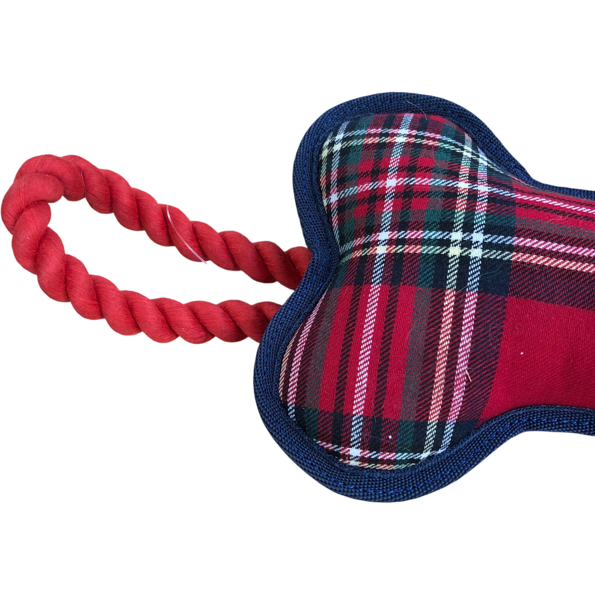 Dog Toy Plush Bone Shape Red Tartan Design with Rope Handle