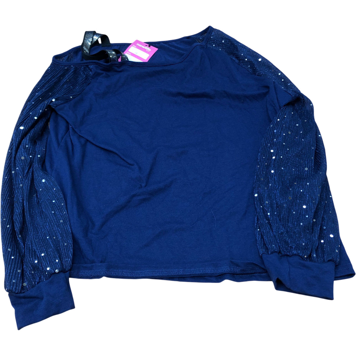 Long Sleeve Top UK16 Women's Navy Blue Glittery Pleated Detail