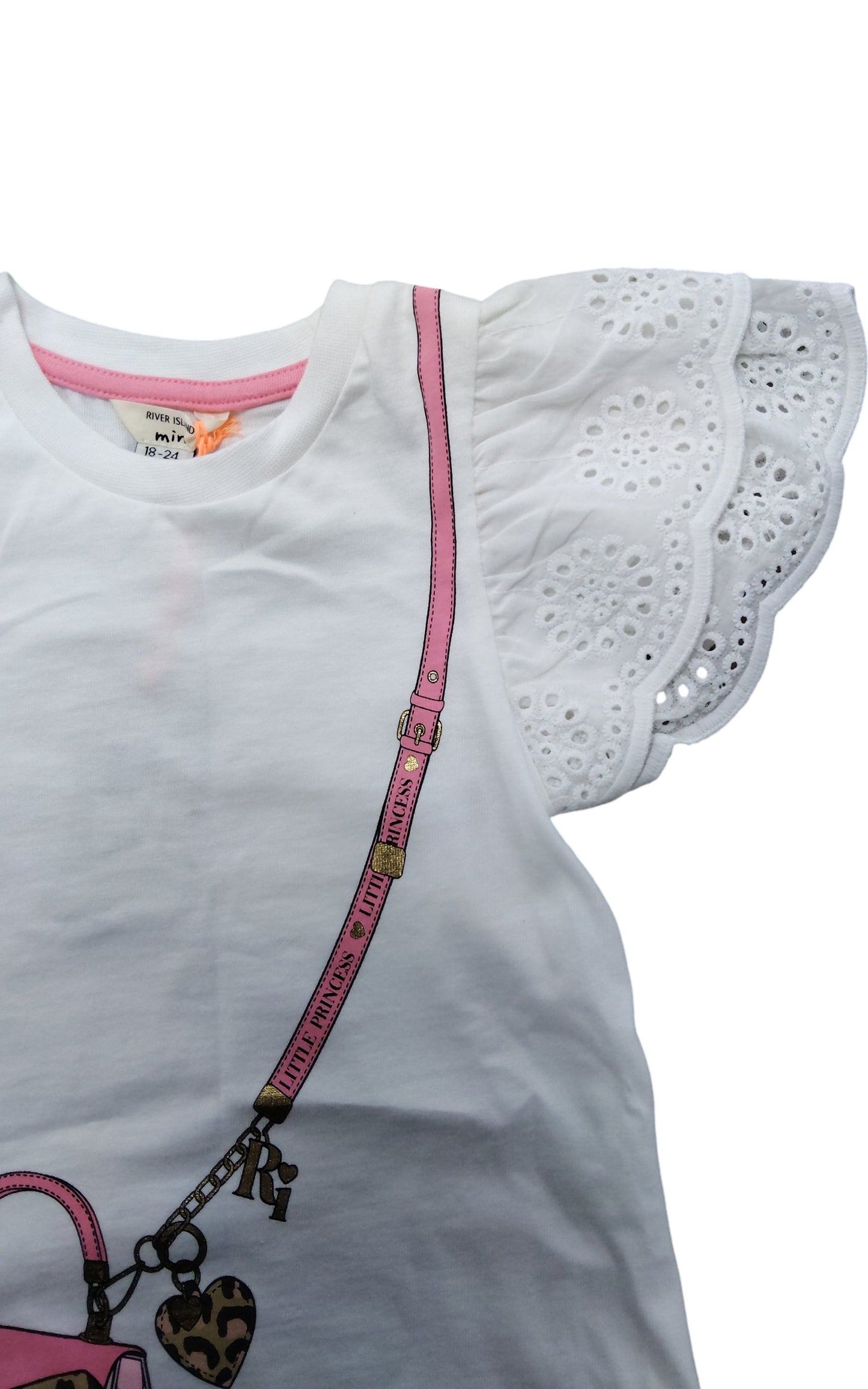River Island Girls T-Shirt 18-24 Months White Bow Handbag Print Eyelet Sleeves