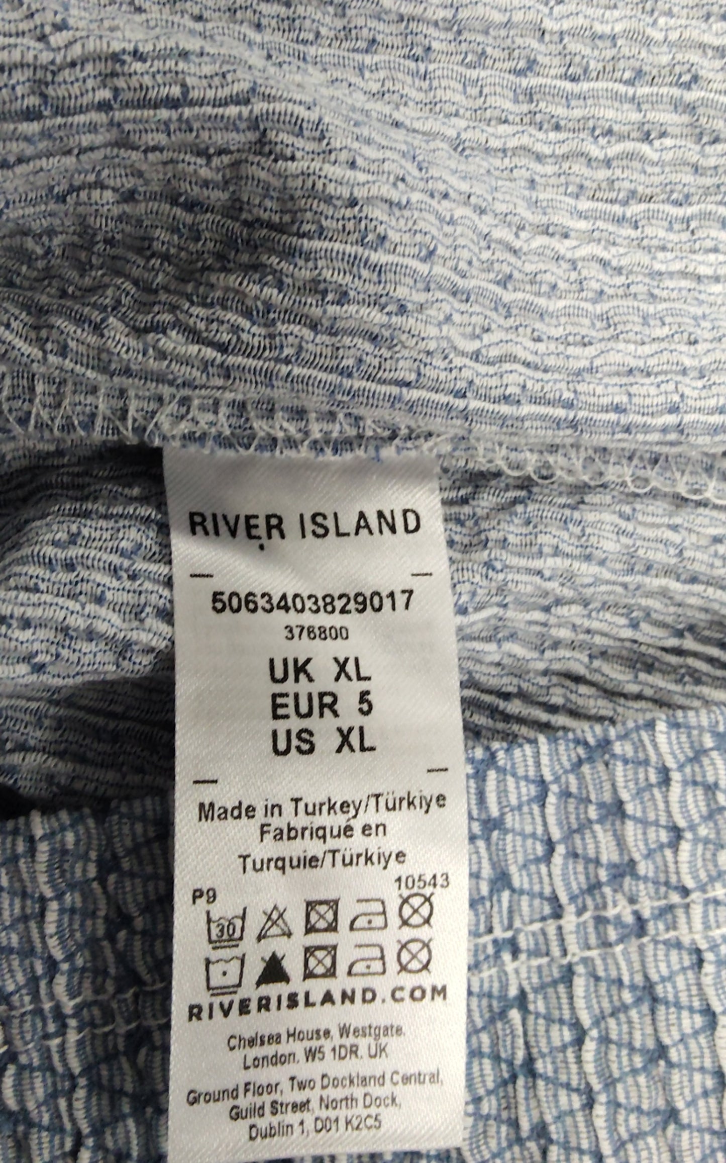 River Island Men's Casual Short Sleeve Shirt Size XL Blue Waffle Pattern