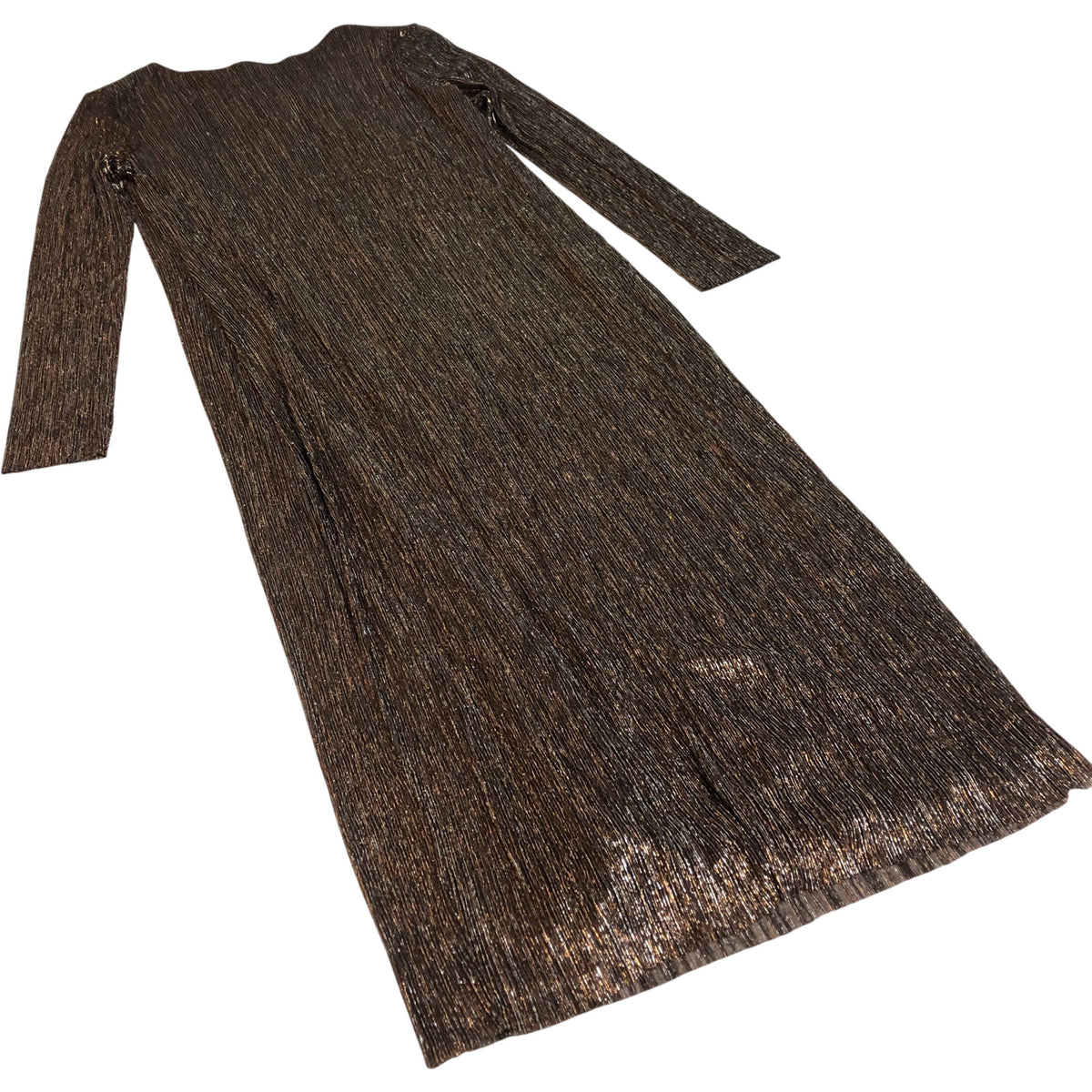Long Sleeve Midi Dress UK10 Women's Brown Metallic Ribbed Stretch
