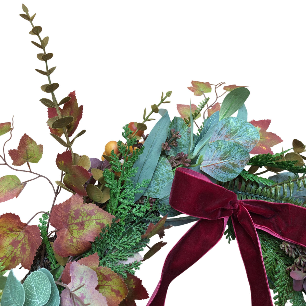 Faux Floral Wreath With Red Velvet Bow Autumn Decoration 18 Inch