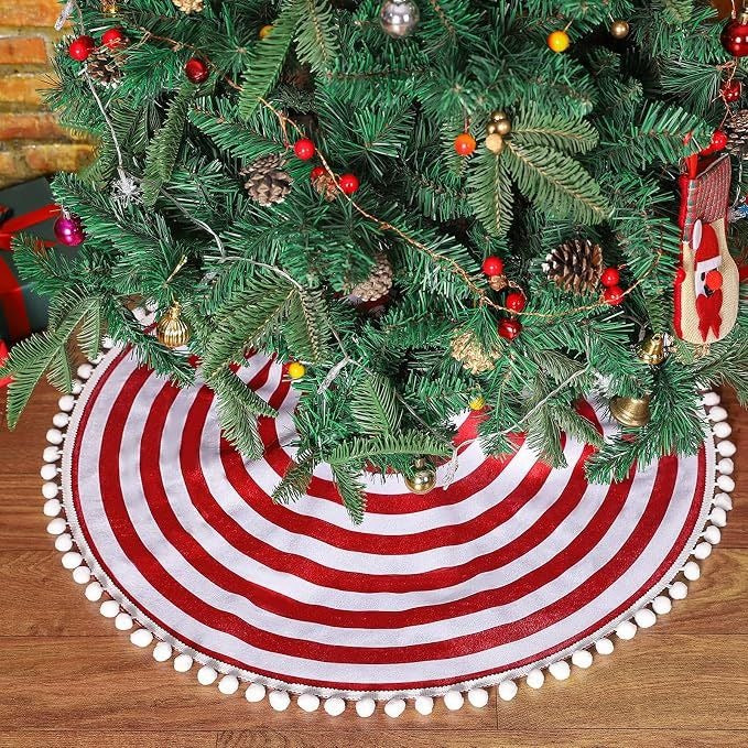 Pom Pom Edged Red & White Striped Christmas Tree Skirt