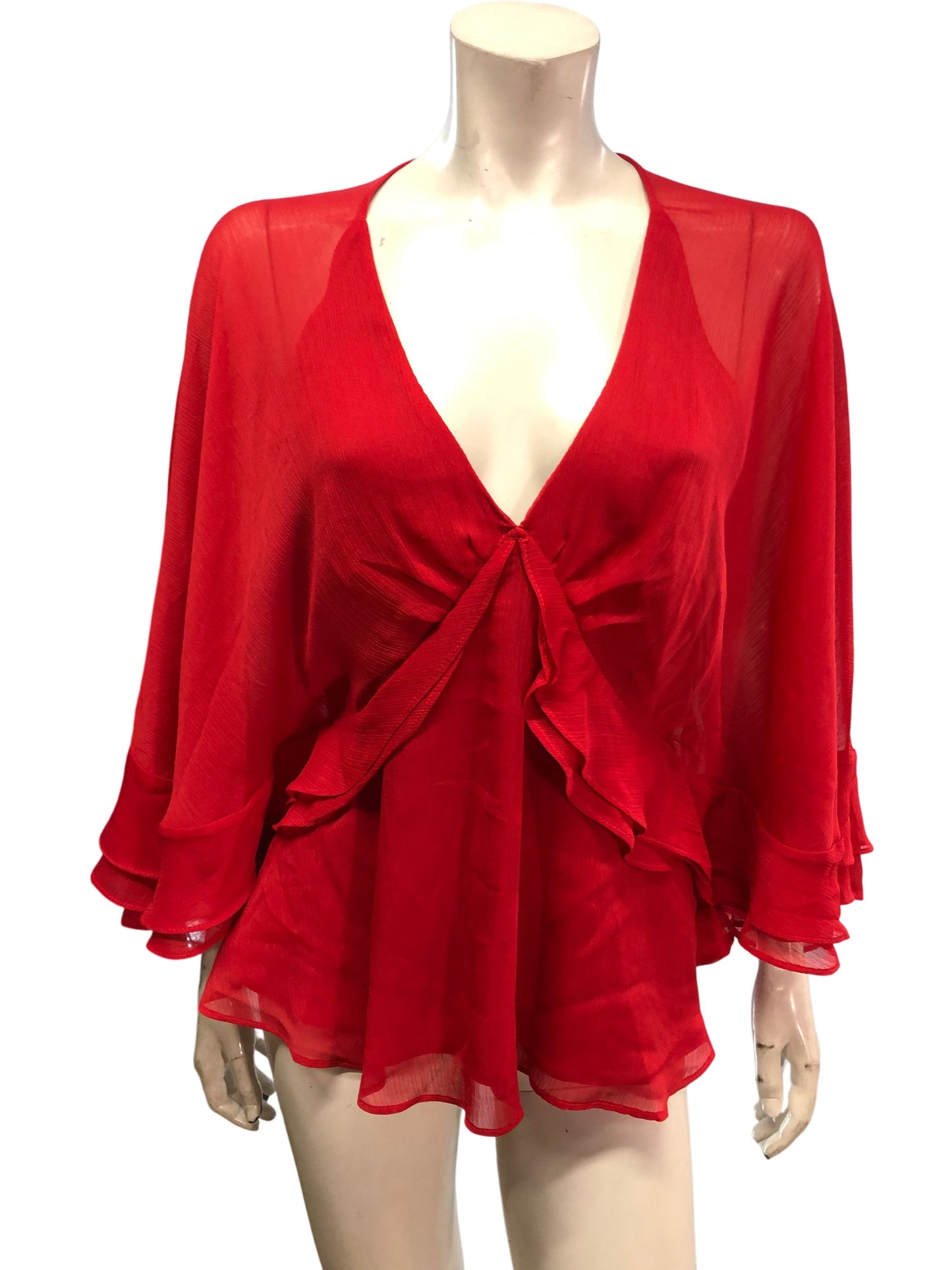 River Island UK10 Women Red Sheer Blouse Top Flutter Sleeves V Neck Style
