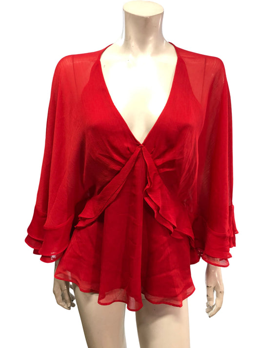 River Island UK10 Women Red Sheer Blouse Top Flutter Sleeves V Neck Style