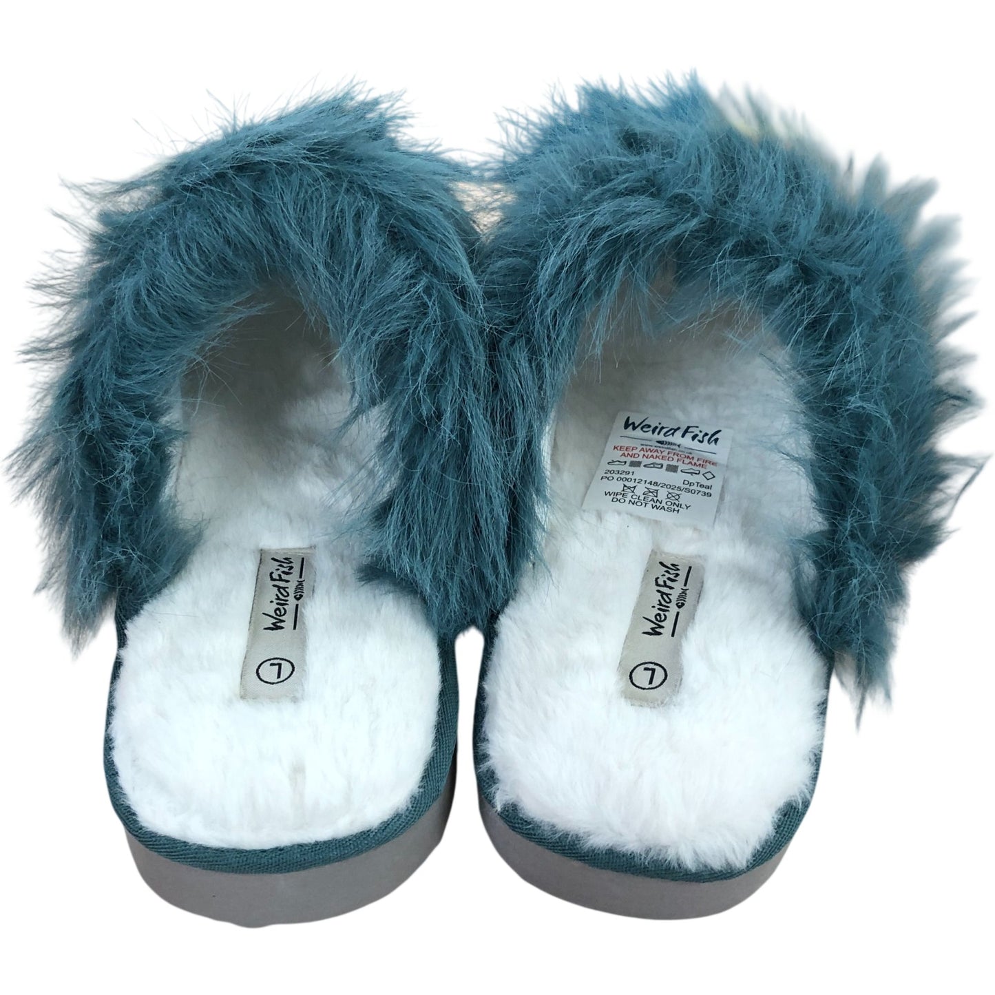 Weird Fish Ladies Light Teal Fur Slippers Size L UK7/8 Comfort Soft Sole