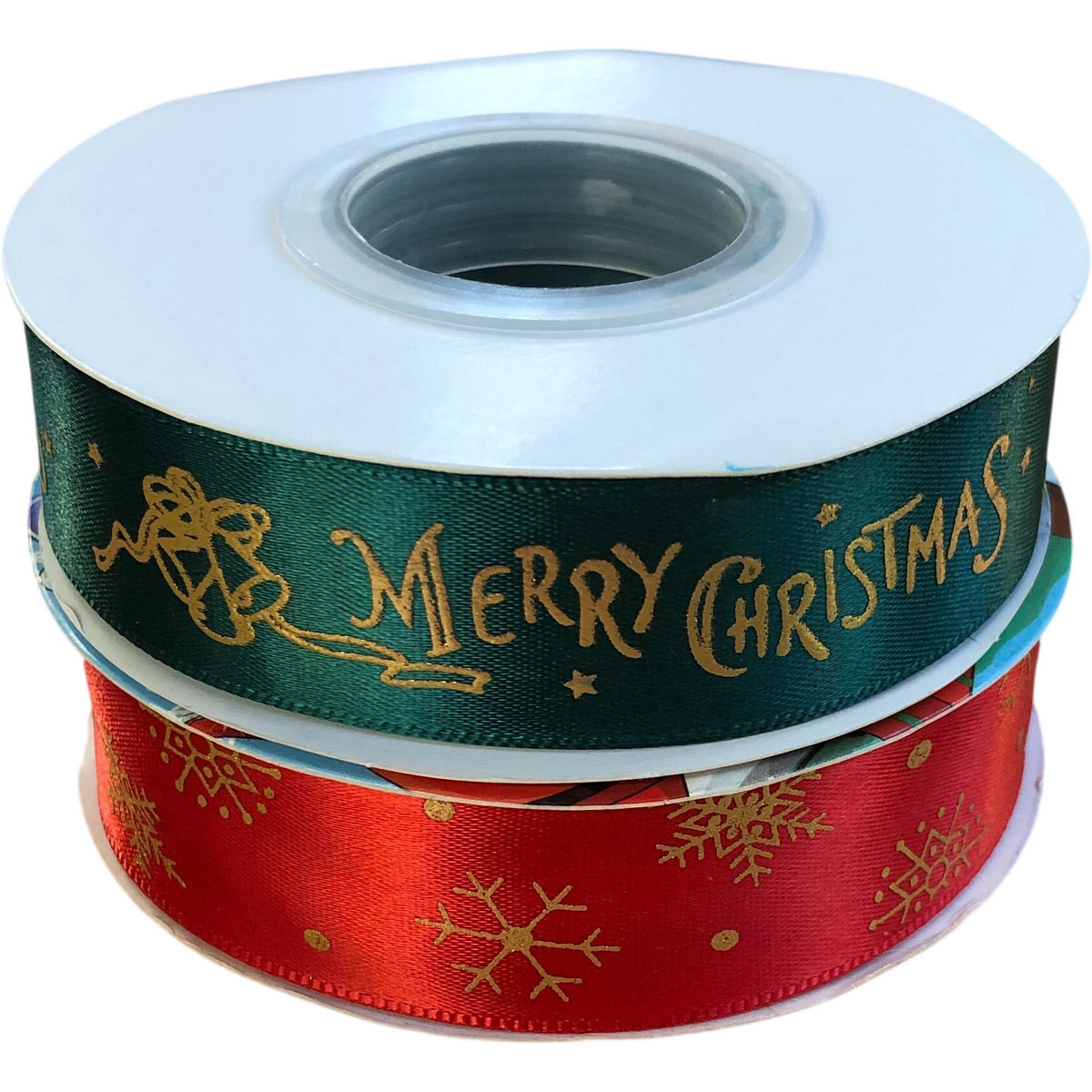 Two Rolls Merry Christmas Ribbon Green & Red 50 Yards
