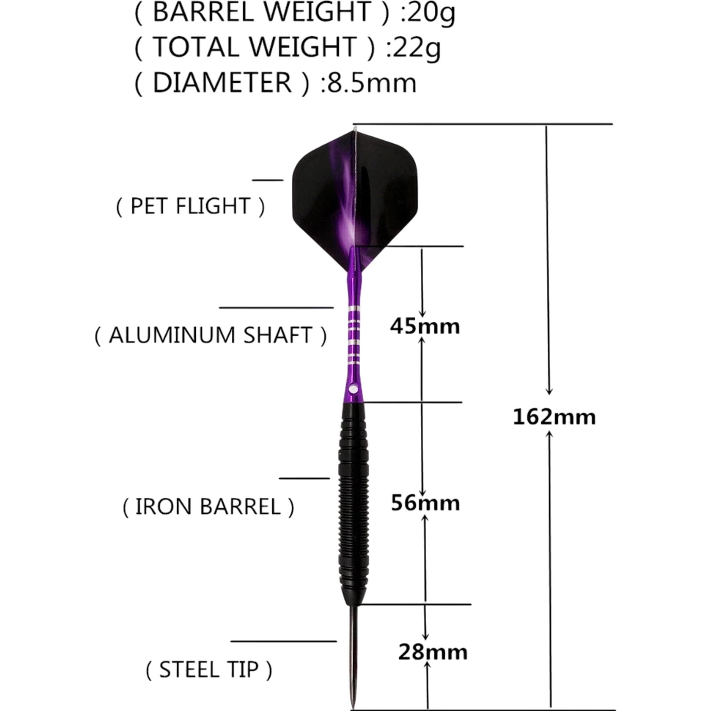 Purple Steel Tip Darts Set 22g with Carry Case and Extra Flights Indoor Game