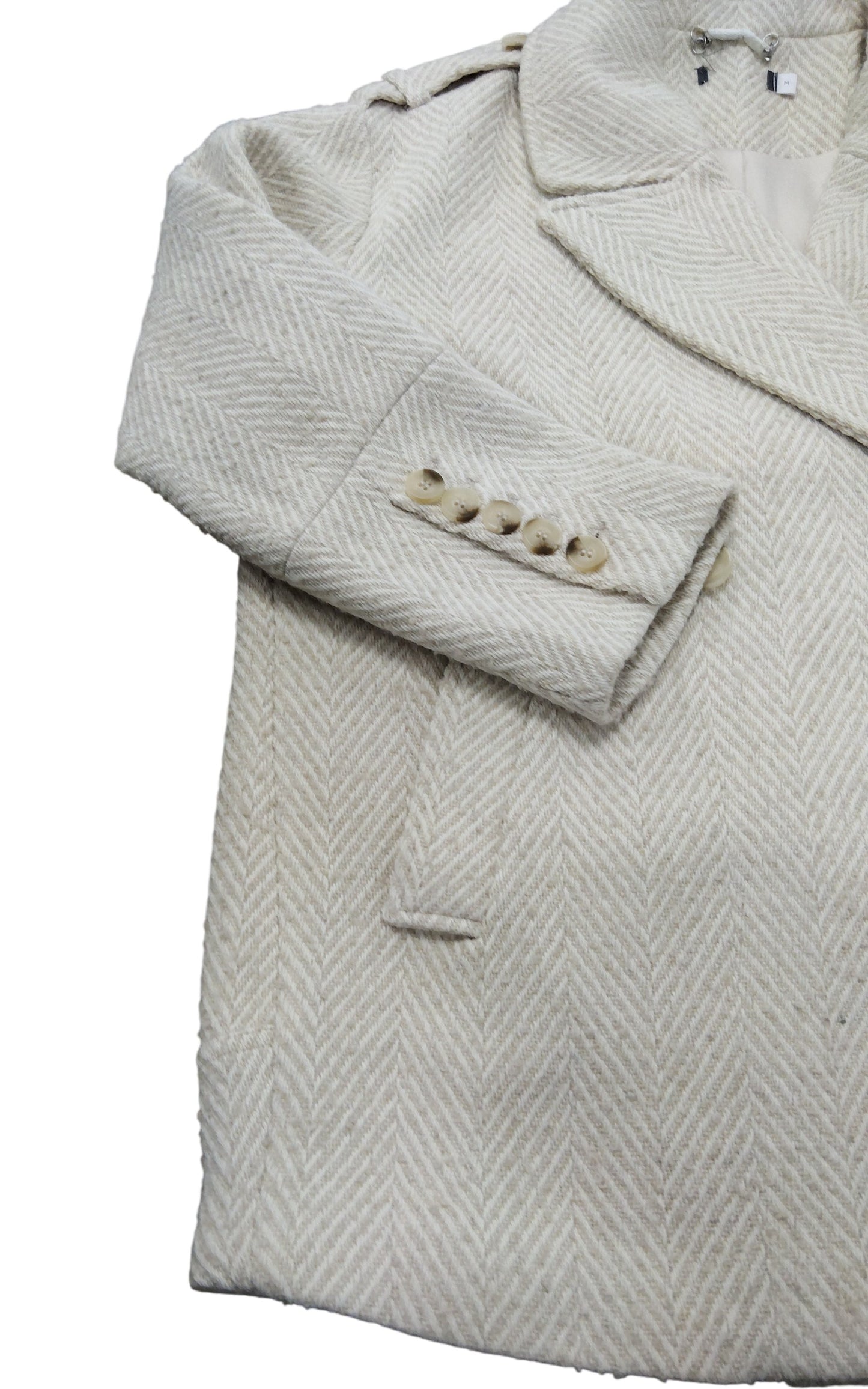 Women's Herringbone Coat Beigey White Single Breasted Size M