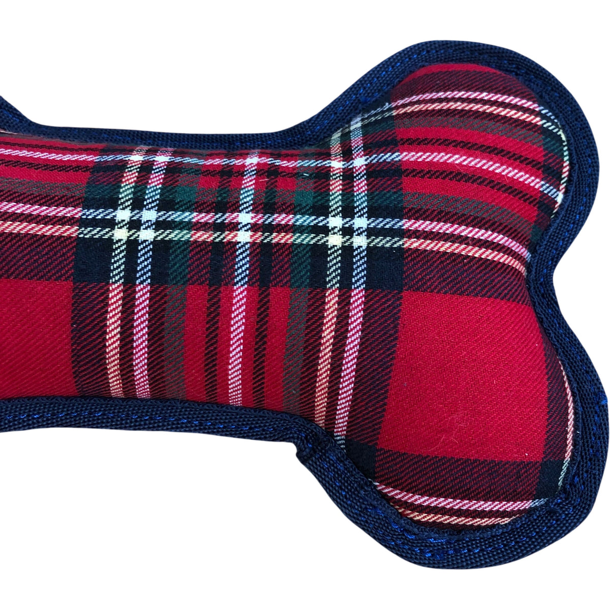 Dog Toy Plush Bone Shape Red Tartan Design with Rope Handle