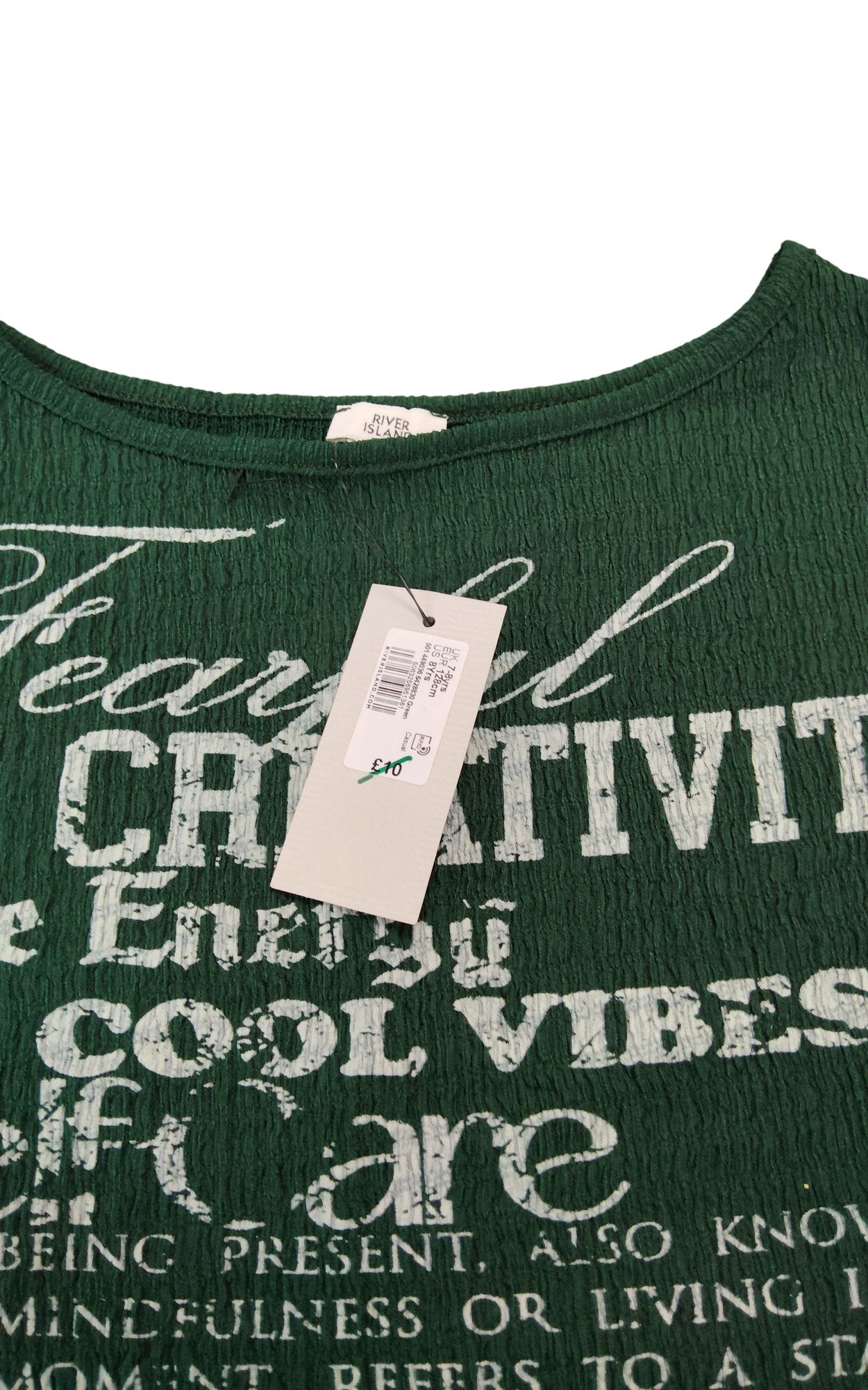 River Island Womens Green Graphic T-Shirt UK 7-8 Years Positive Energy Self Care