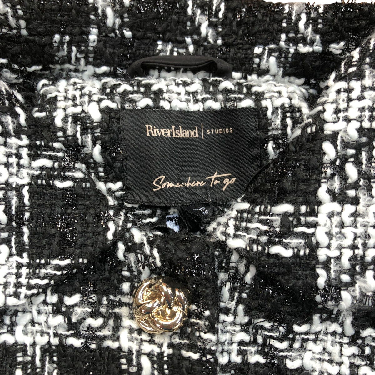 River Island Black White Checked Dress With Faux Fur Trim