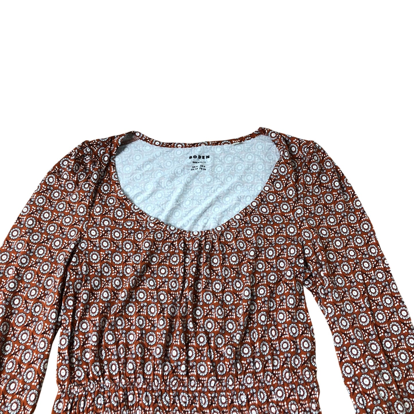 Floral Print Top Women's Long Sleeve Smock Viscose Brown White UK8