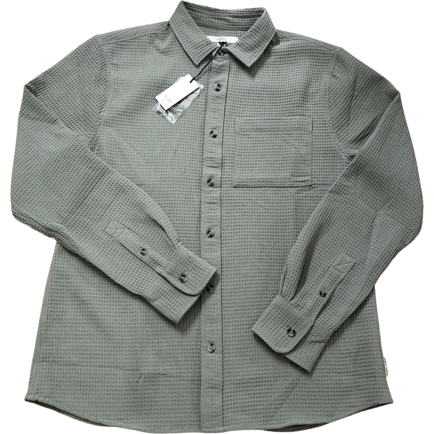 River Island Waffle Shirt L Men's Pale Khaki Casual Top Long Sleeve Button Up