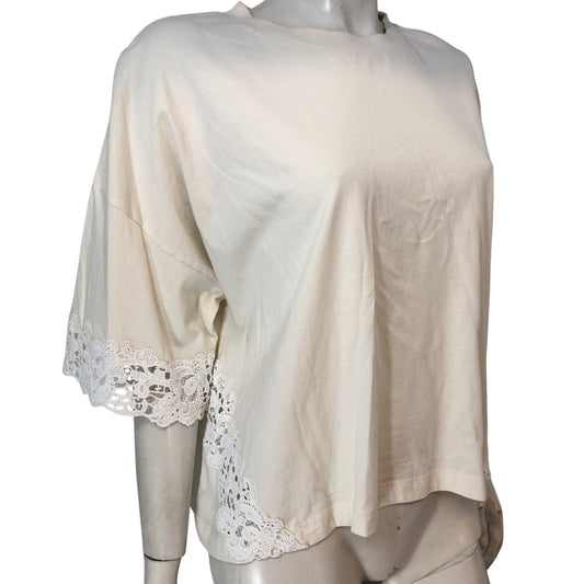River Island Relaxed Ecru Top UK18 Women's Lace Detail Short Sleeve Casual