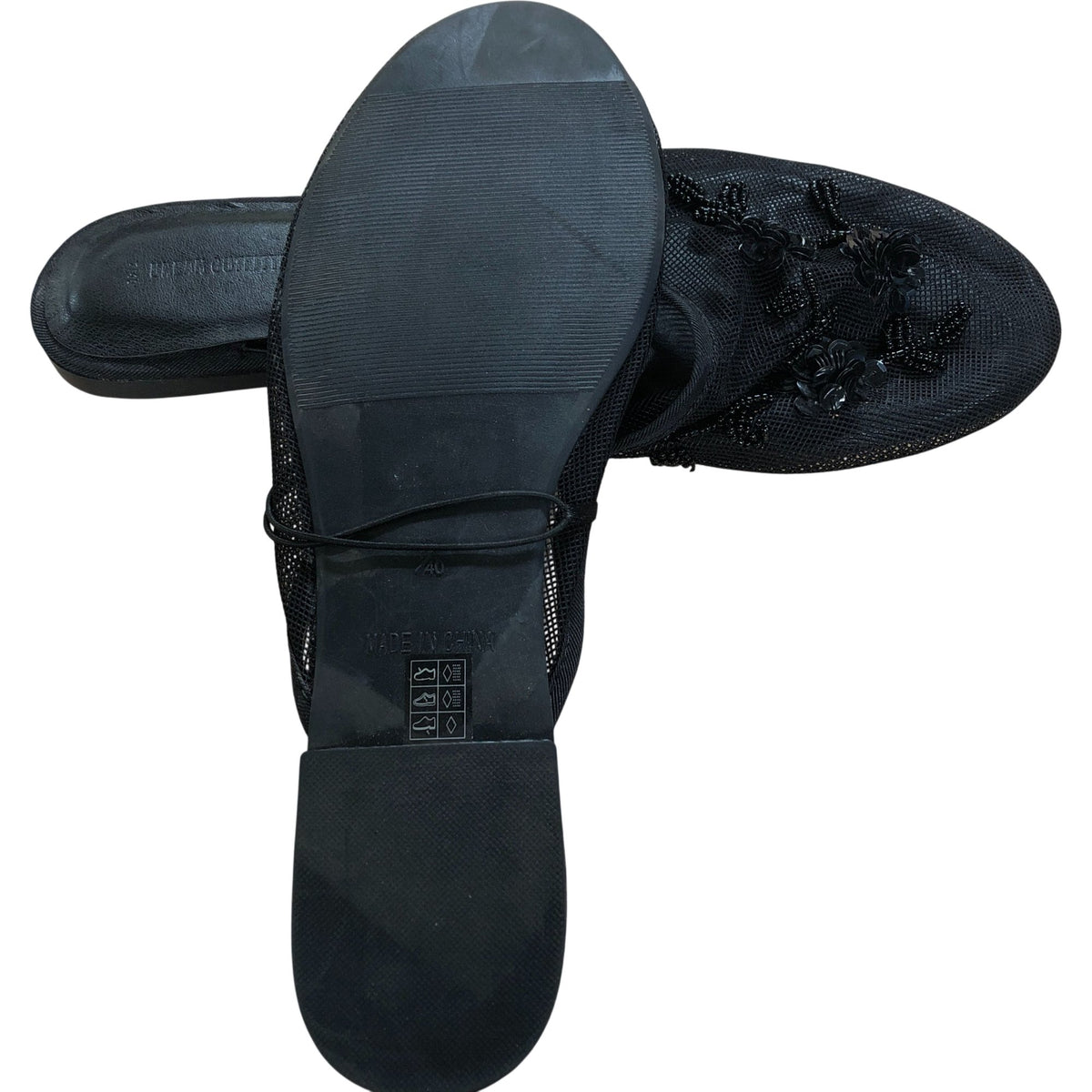Black Floral Slip On Flats Women's Mesh Embellished Design UK4