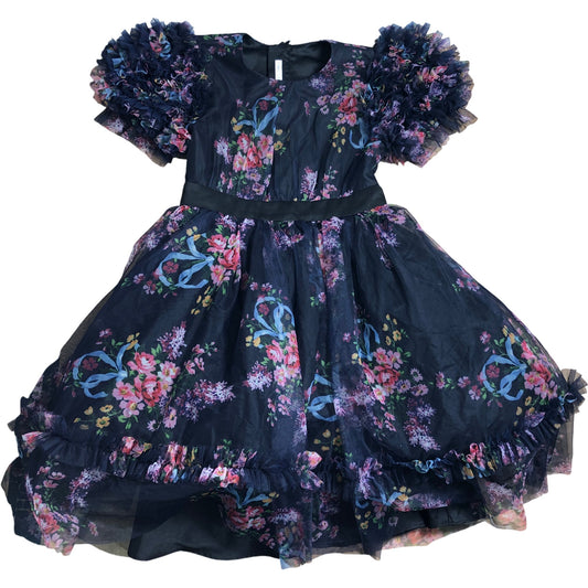 Angel & Rocket Floral Dress Girls Size 6-7 Years Dark Blue Ruffle Sleeve