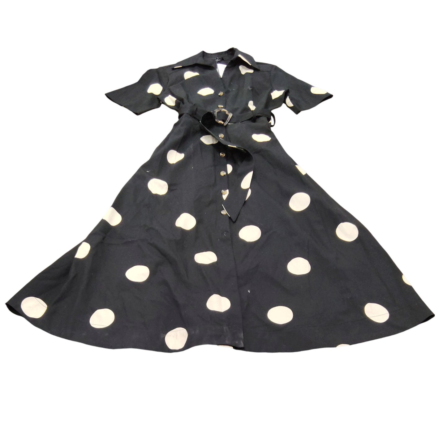 River Island UK10 Women's Black White Polka Dot Midi Dress Belted Short Sleeve