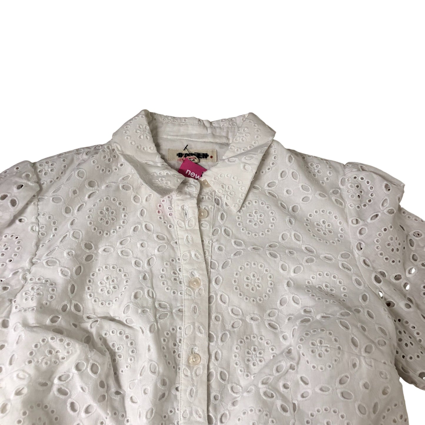 White Eyelet Button Dress UK14 Women's Long Sleeve Tie Waist Summer Style