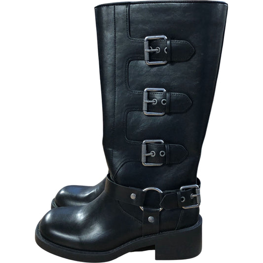 Black Faux Leather Buckle Biker Boots Size 4