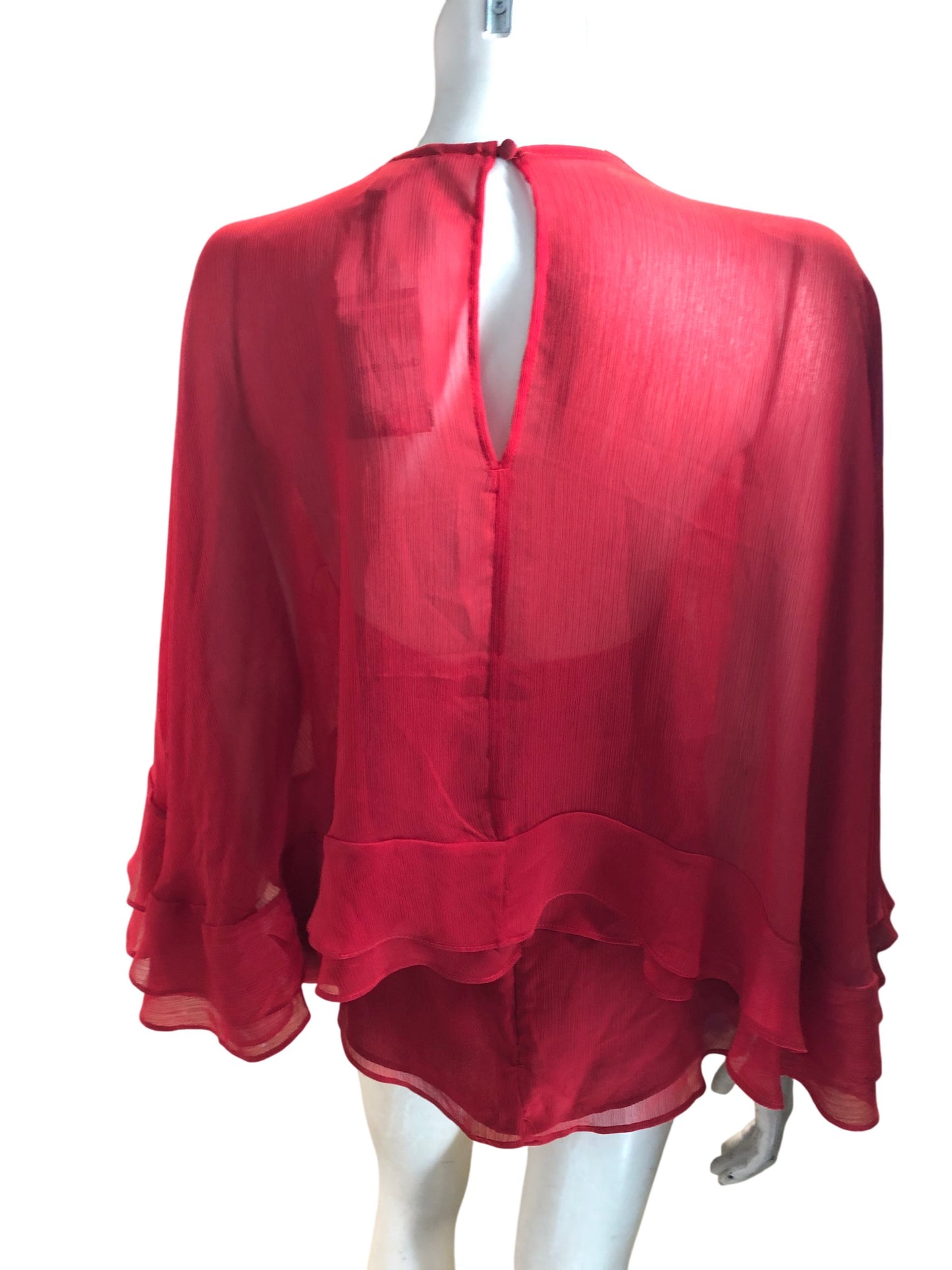 River Island UK10 Women Red Sheer Blouse Top Flutter Sleeves V Neck Style