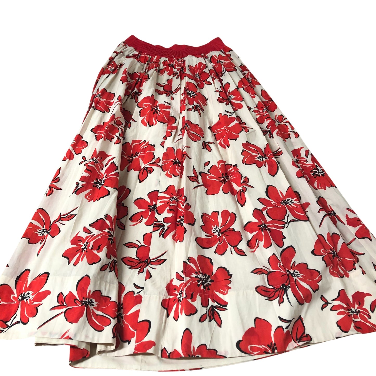 Floral Midi Skirt Women's Red White Cotton Flared Style UK8