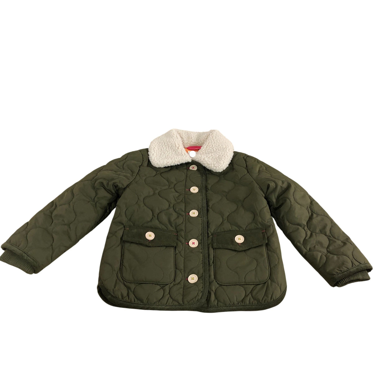 Girls Quilted Jacket Olive Green Sherpa Collar