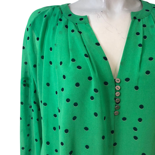Green Polka Dot Blouse UK12 Women's Long Sleeve Trendy V Neck Button Detail