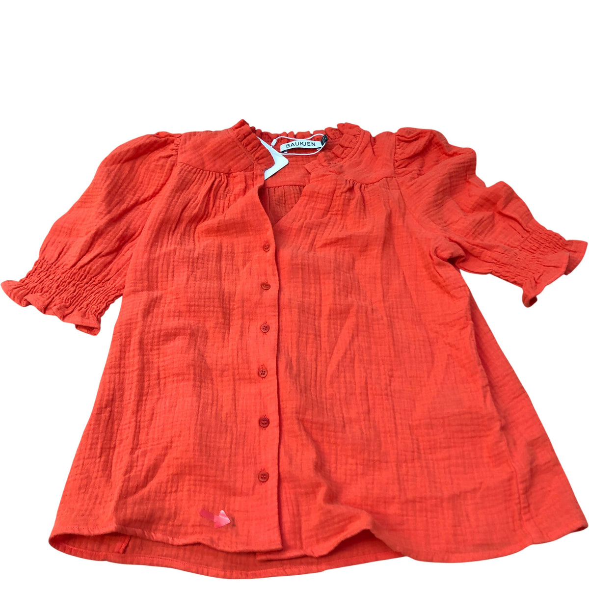 Baukjen Organic Cotton Blouse UK8 Women's Puff Sleeve Button Front Orange