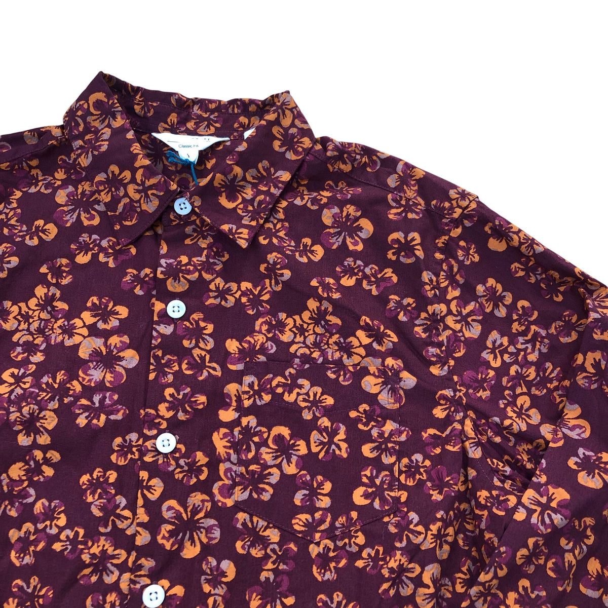 Autumn Floral Print Long Sleeve Shirt Classic Fit Deep Red Size S