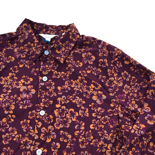 Autumn Floral Print Long Sleeve Shirt Classic Fit Deep Red Size S