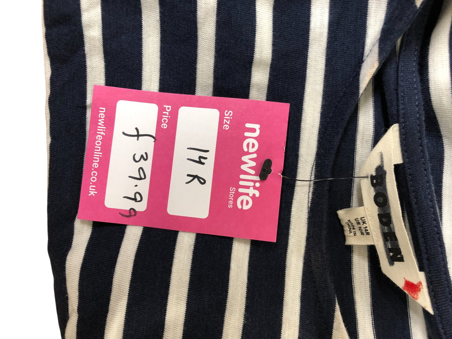 Striped Dress UK14 Women's Short Sleeve Midi Cotton Blend Navy Cream