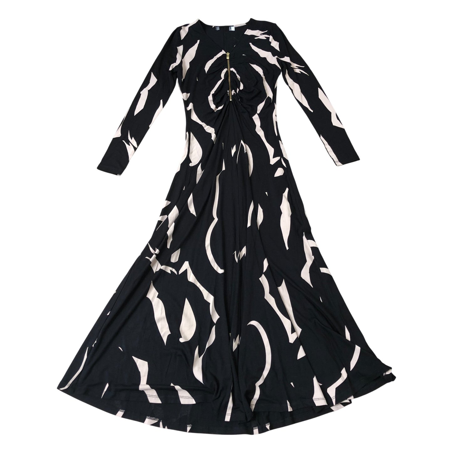 Stylish Long Sleeve Black And Beige Pattern Maxi Dress UK XS Women's Fashion