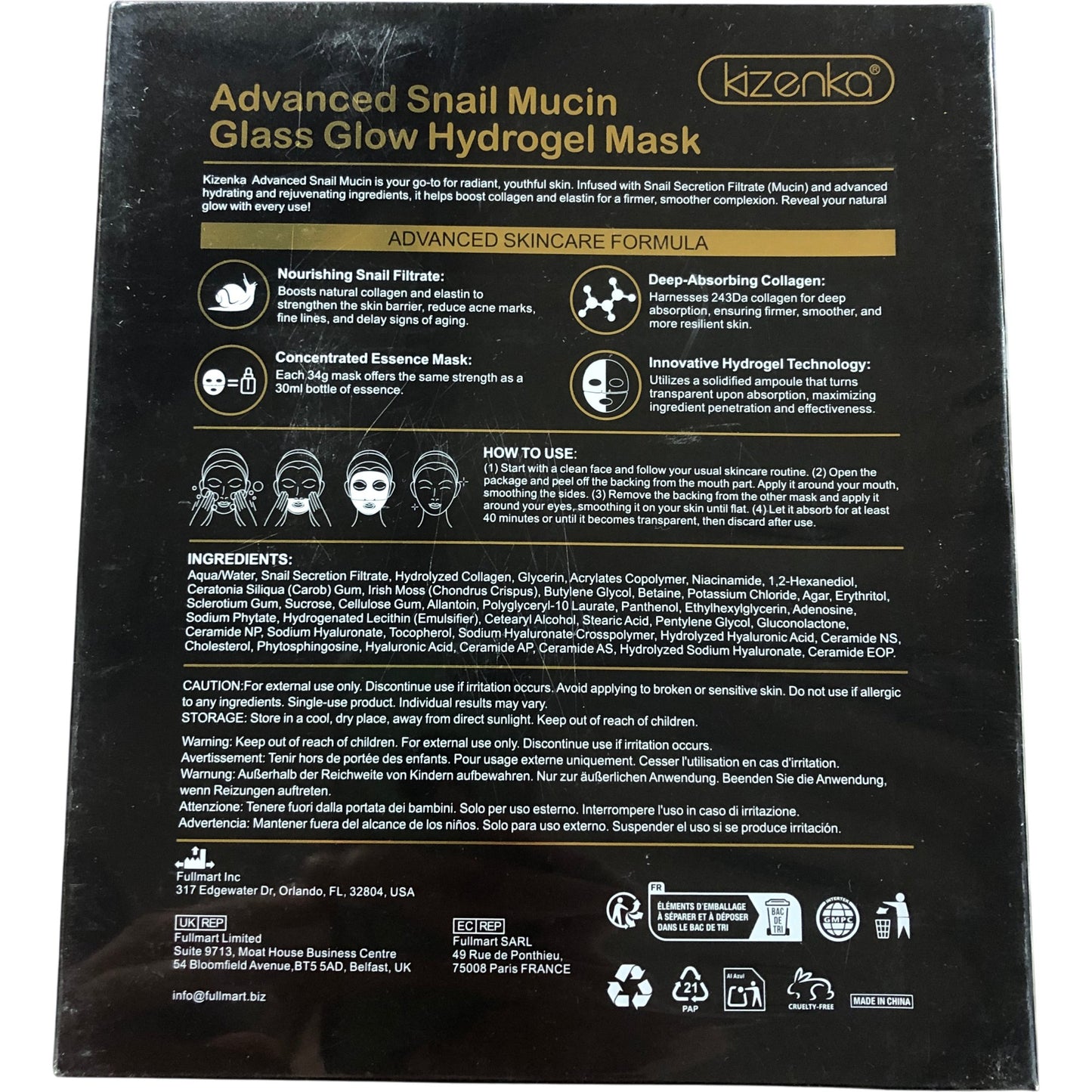 Kizenka Advanced Snail Mucin Glass Glow Hydrogel Mask 6 Pack Korean Skincare