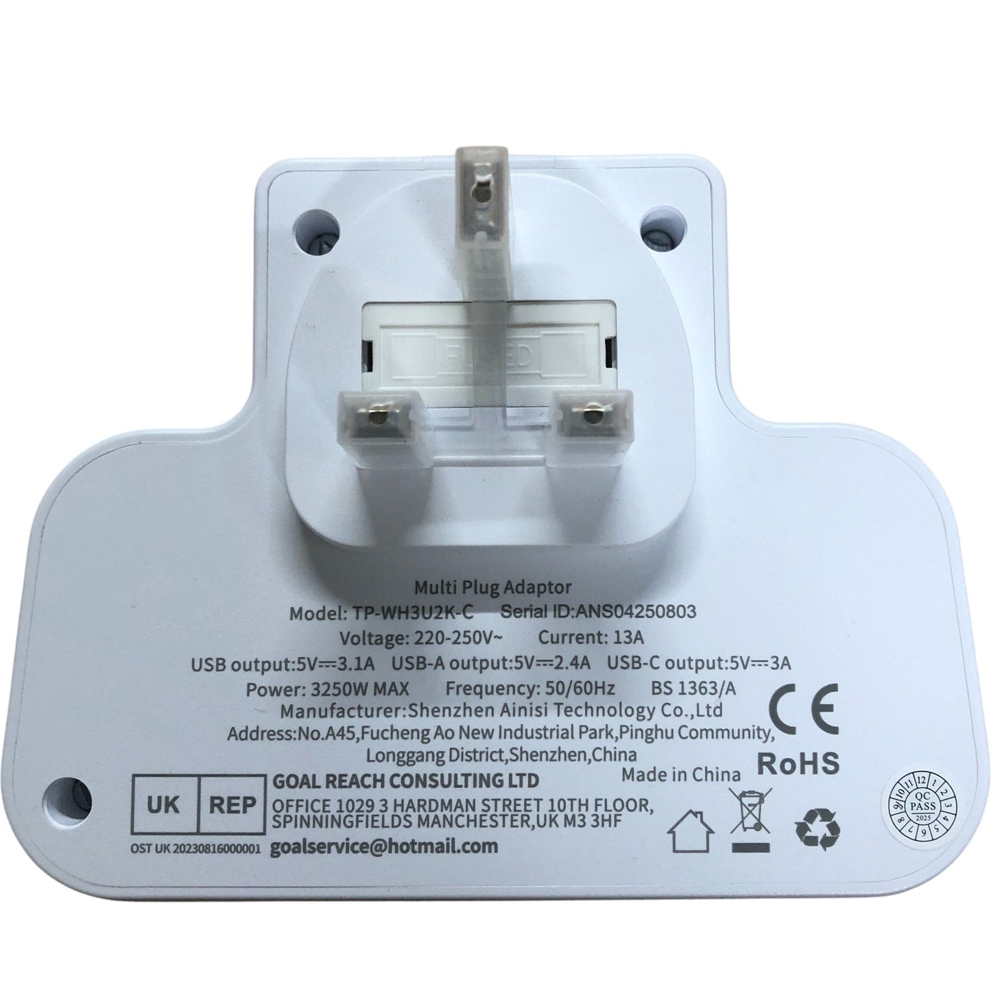 Toprek Multi Plug Adaptor TP-WH3U2K-C 2 UK Outlets 2 USB-A 1 USB-C Ports