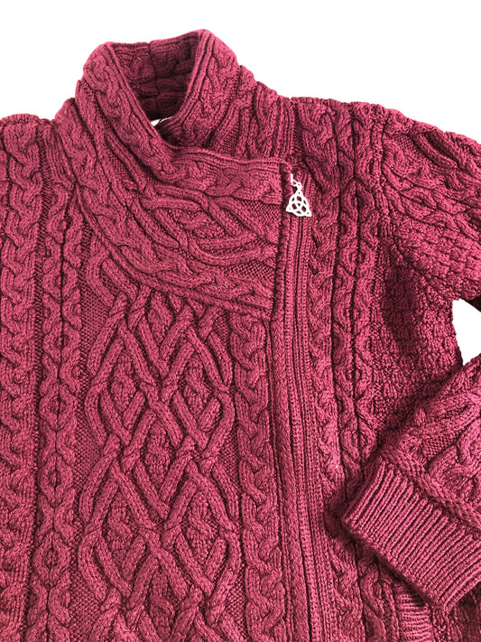 SAOL Ireland Ladies Side Zip Cardigan Merlot Cable Knit Large