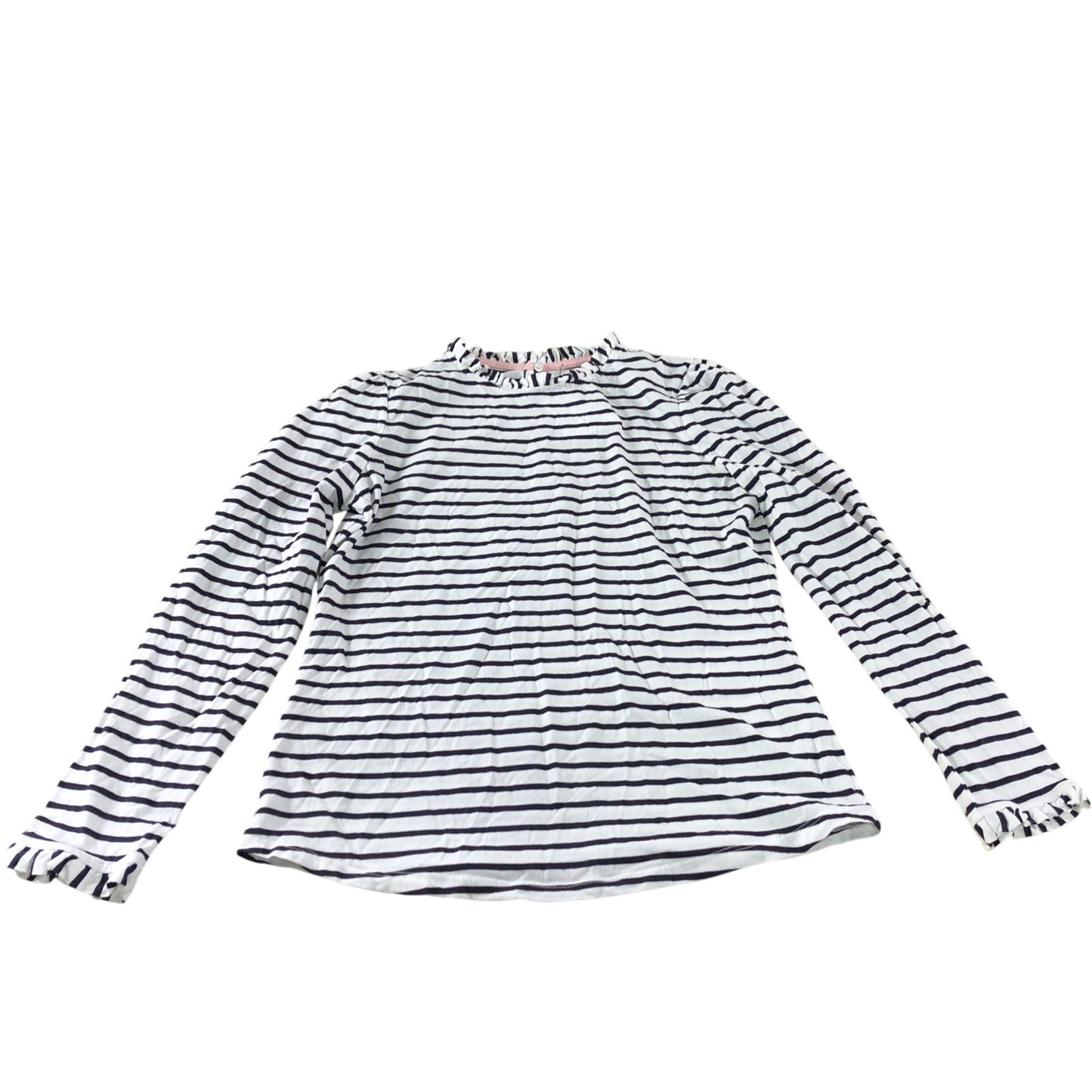 Boden White/Navy Striped Frill Detail Long Sleeve Top - Size 10