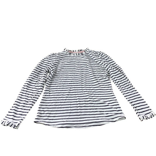 Boden White/Navy Striped Frill Detail Long Sleeve Top - Size 10