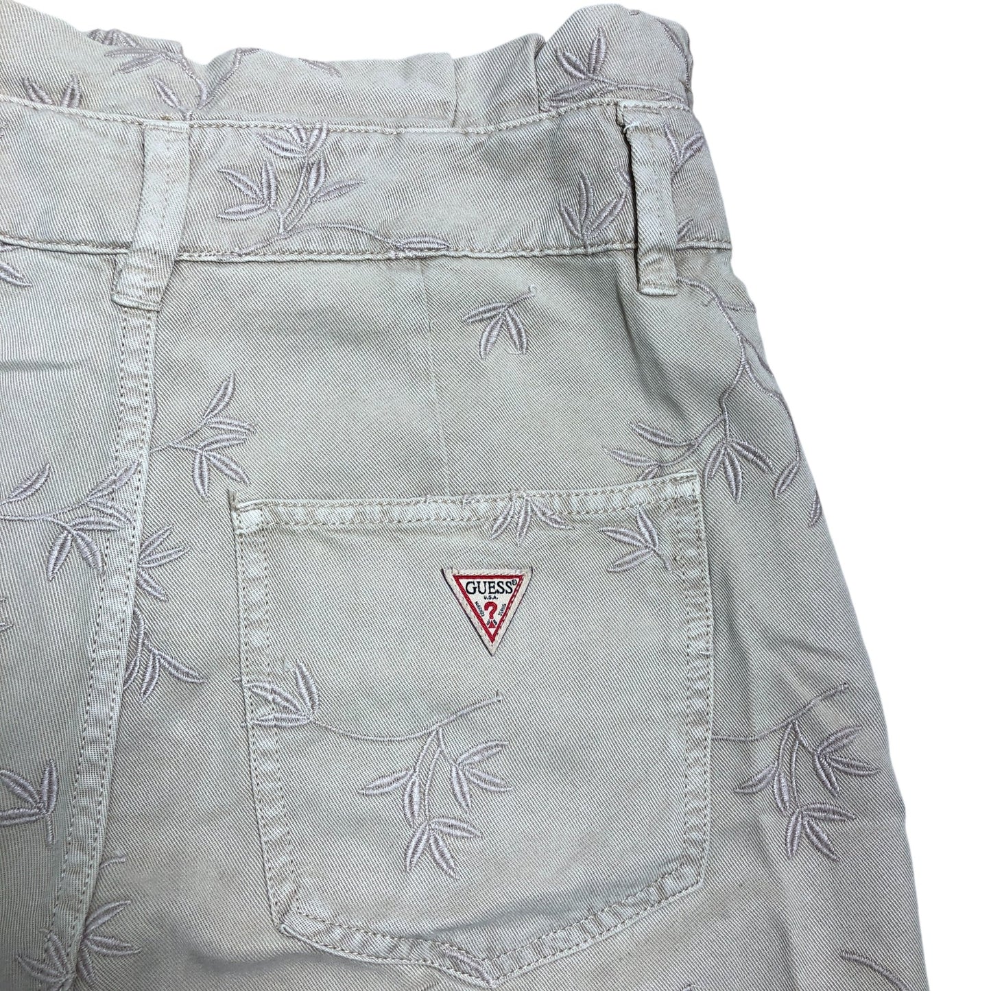 Guess Women's S Embroidered Floral Denim Shorts Casual Summer Style Beige