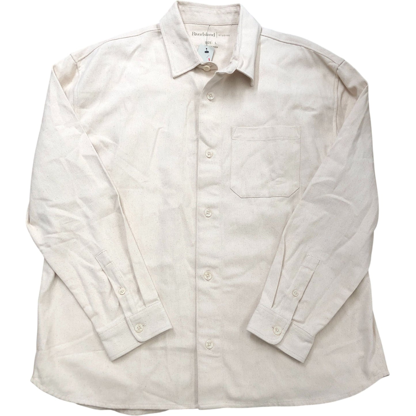 River Island Studios Shirt Size L Men's Long Sleeve Casual Cream Cotton Top