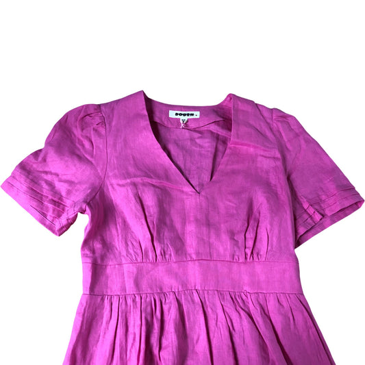 Women's Pink Linen Midi Dress Short Sleeve V Neck UK12