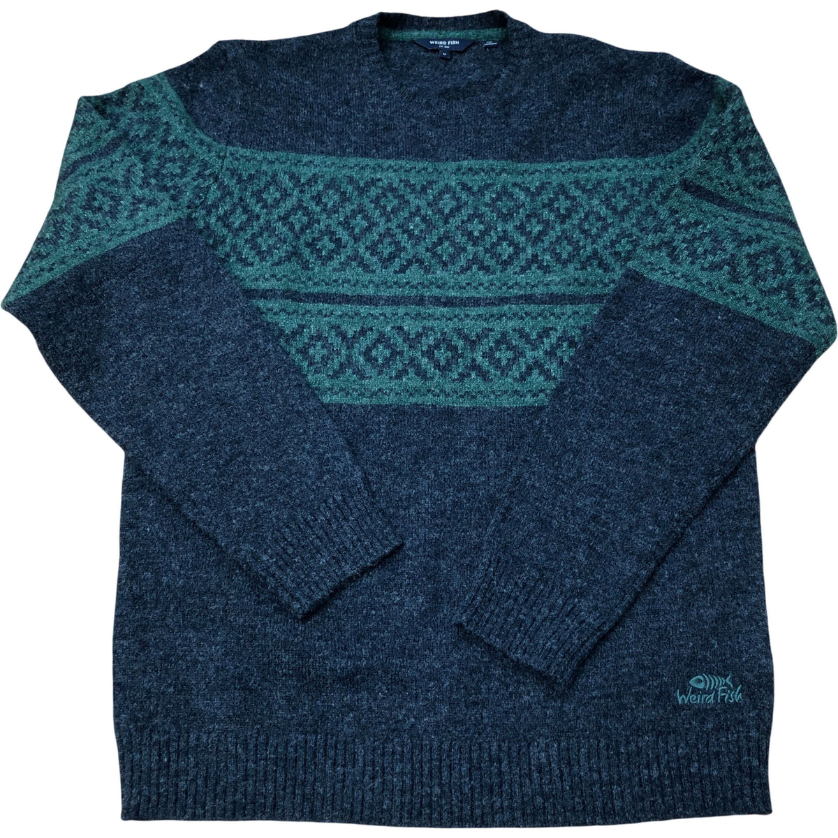 Weird Fish Navy Green Geometric Wool Blend Sweater Size M
