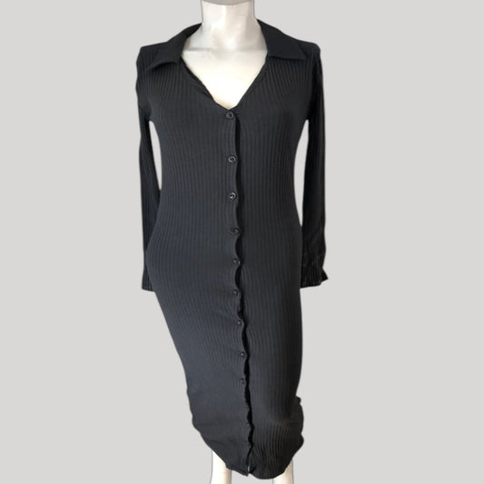 Branded V-Neck Button Midi Dress UK10 Women's Ribbed Black