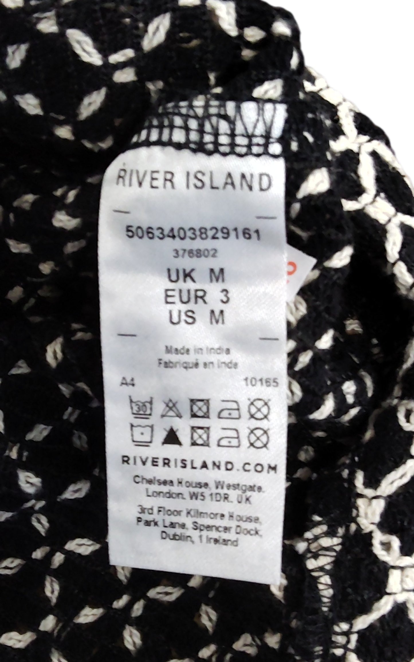 River Island Men's Short Sleeve Shirt Size M Black White Geometric Pattern
