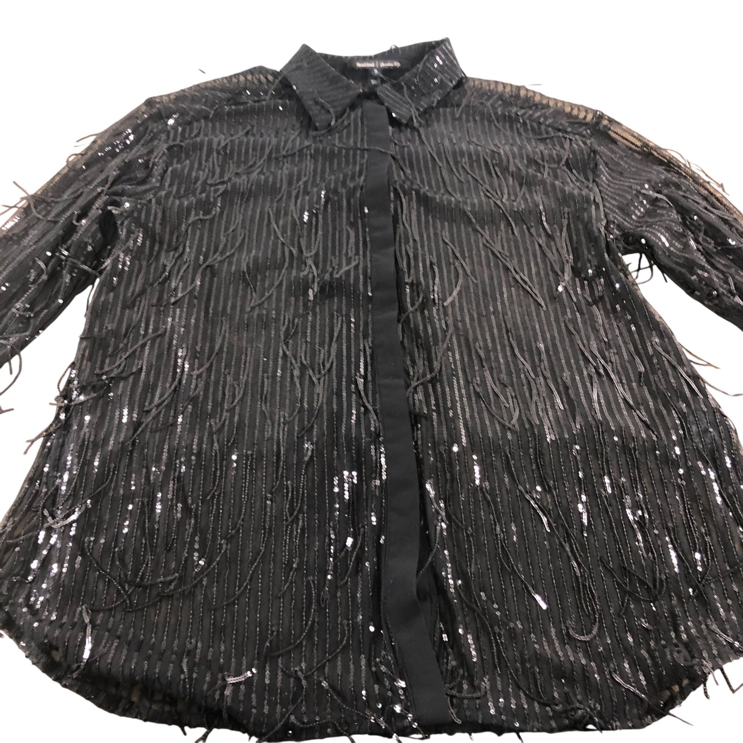 River Island Black Long Sleeve Sequin Fringe Shirt UK16 Women's