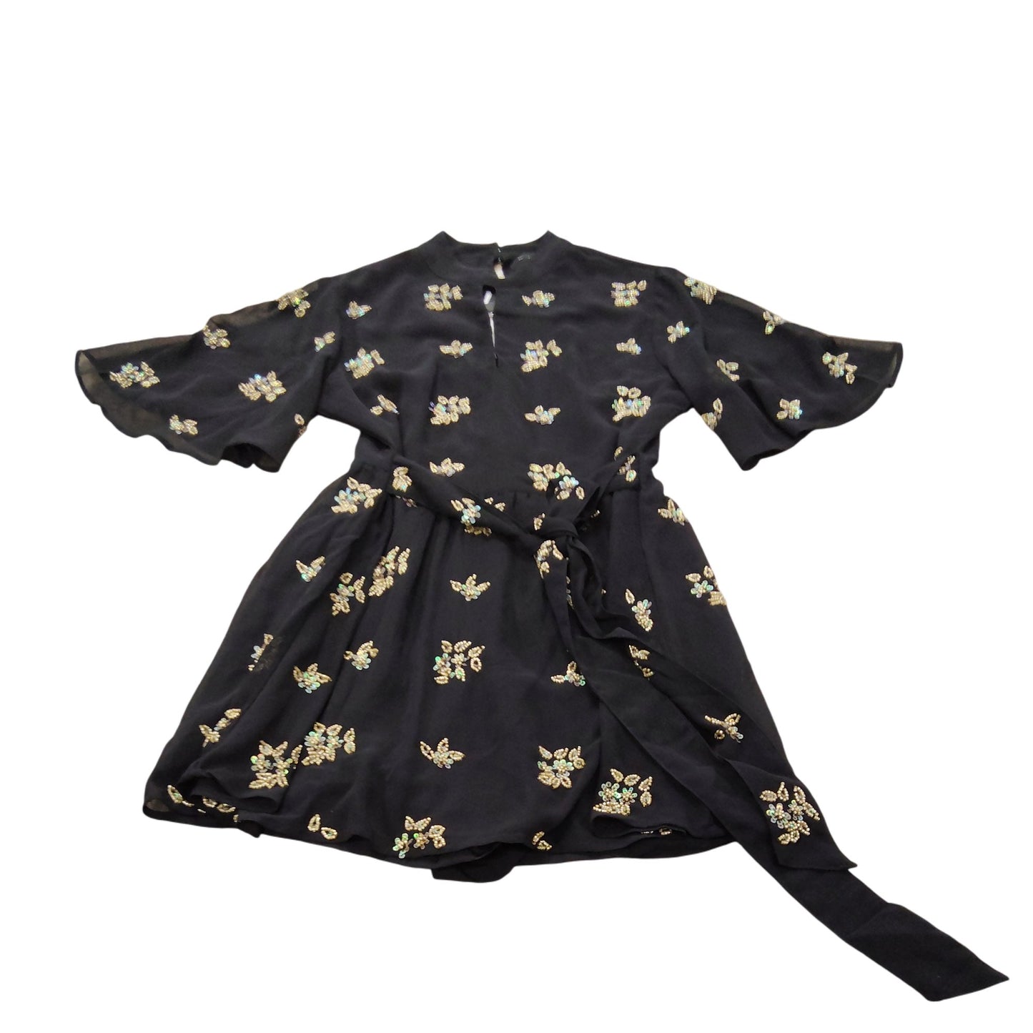 Rivers Island Floral Embroidered Dress UK6 Women's Black Short Sleeve Belted