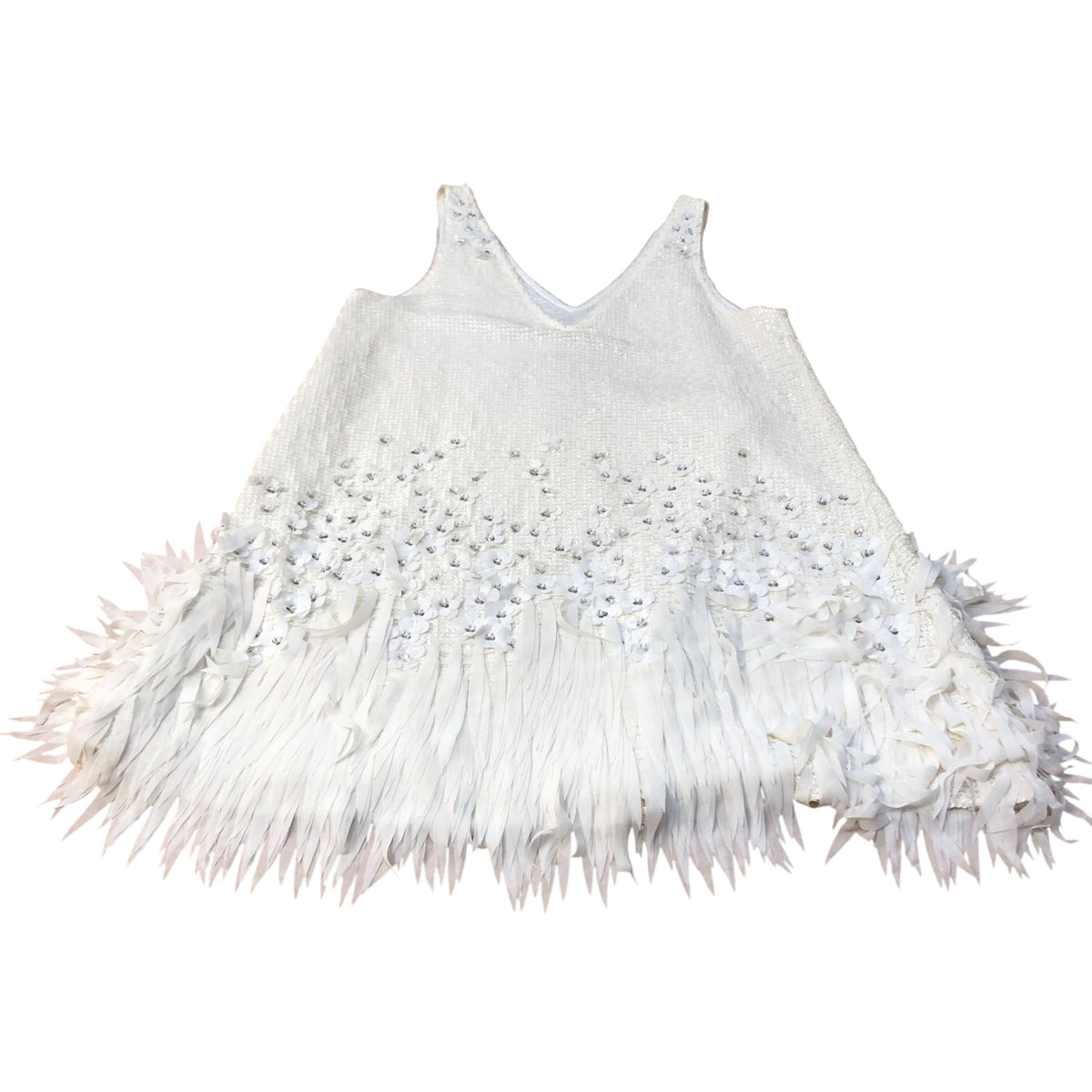 Magnolia White Sequin Dress Embellished V Neck Dress With Feathers Size M
