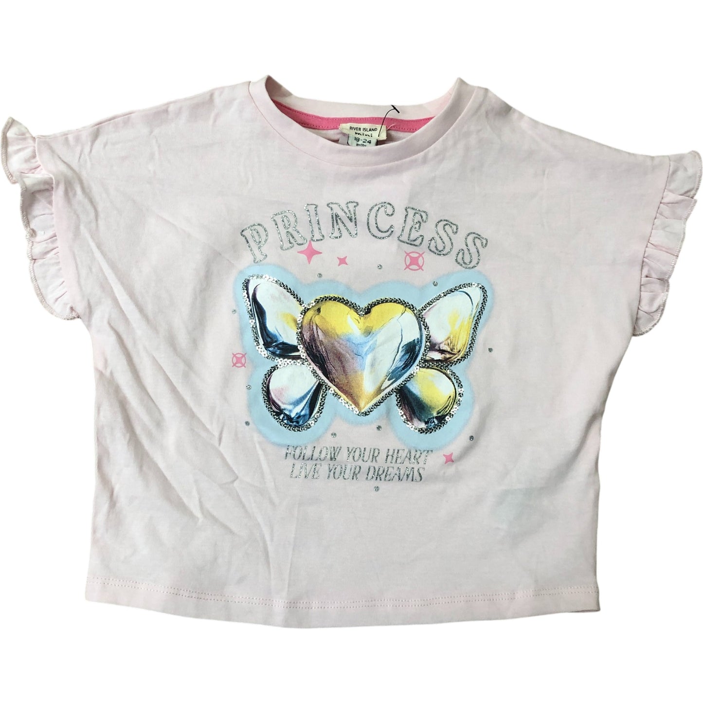River Island Princess T-Shirt Girl's Size 3-4 Years Pink Ruffle Sleeve