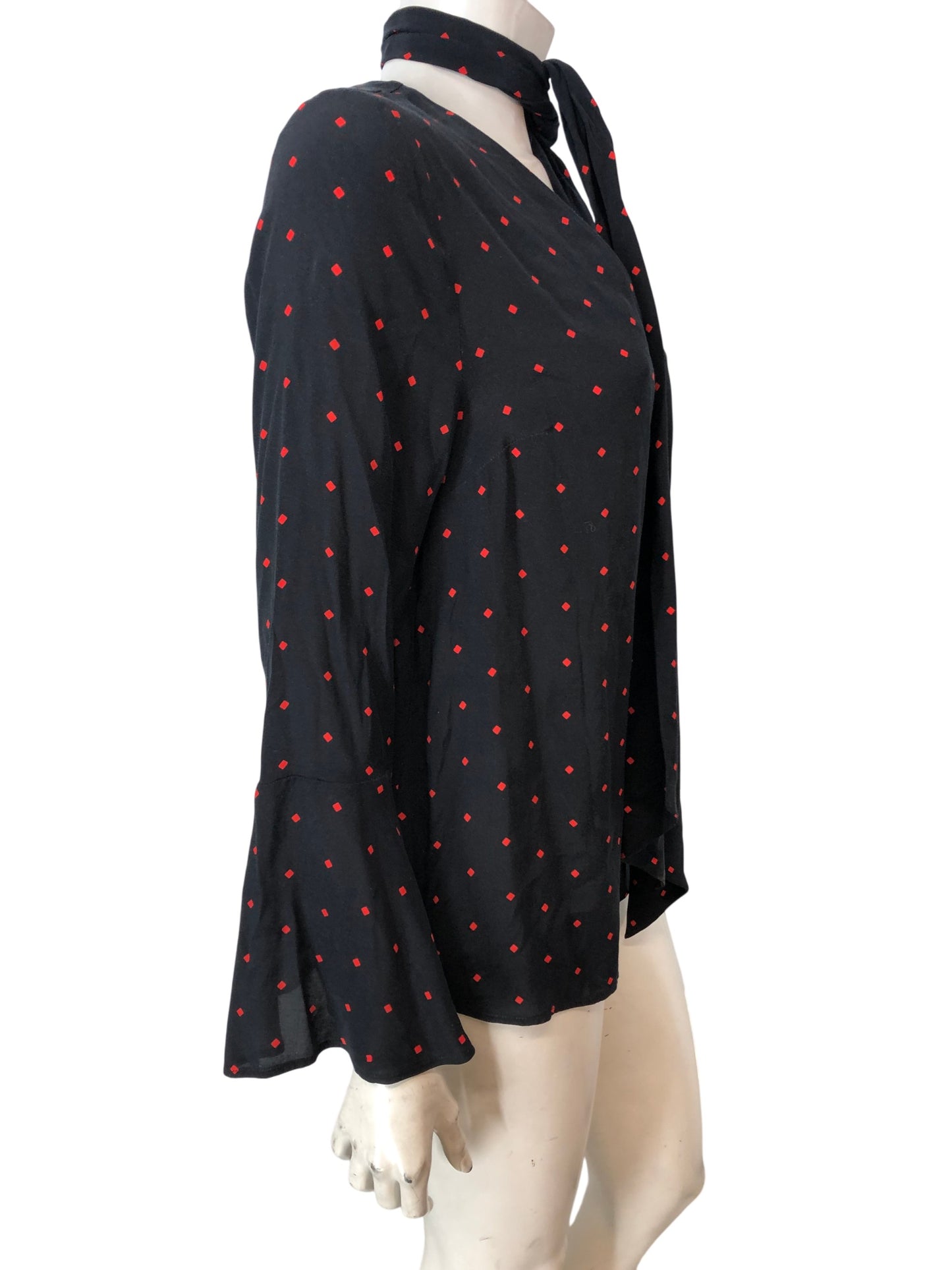 Women's Blouse UK12 Black Red Polka Dot V Neck Tie Sleeve Top