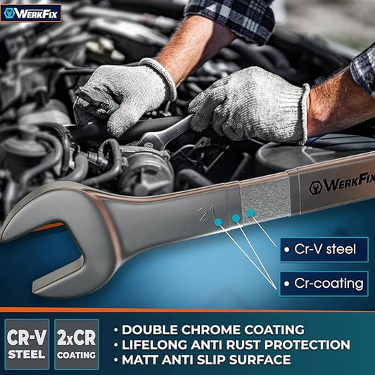 WERKFIX 15 Pcs Combination Wrenches Set CR-V Steel Heat Hardened Double Chrome